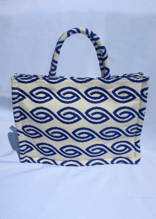 Large tote bag made in Greece with blue and off-white wave design. Shopper tote bag, beach bag, Greek designer bag, eye wave print fashion tote bag