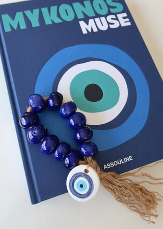 Blue ceramic hand made worry beads, crafted in Greece. Kompoloi home decor Greek worry beads