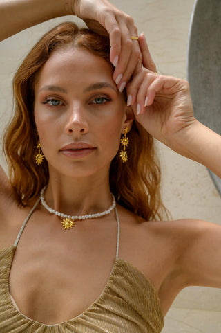 Freshwater pearl necklace with a gold sun pendant charm, necklace made in Greece, Greek jewelry, Greek designer brand, summer aesthetic jewelry made in Greece