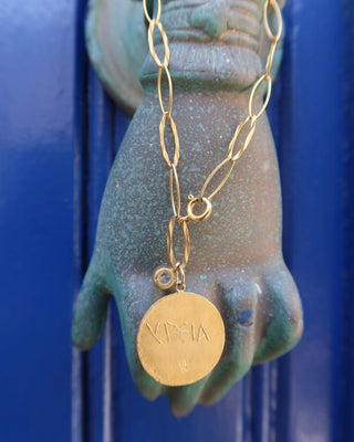 Hygeia Ancient Greek goddess of health coin bracelet, 18k gold plated sterling silver oval link bracelet with white zircon stone and greek mythology coin pendant made in Greece