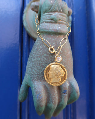 Hygeia Ancient Greek goddess of health coin bracelet, 18k gold plated sterling silver oval link bracelet with white zircon stone and greek mythology coin pendant made in Greece