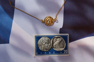 Gold coin necklace made in Greece with the owl of Greek goddess Athena. Ancient Athenian coin necklace made in Greece by Greek designer jewelry brand Zenais Hellas