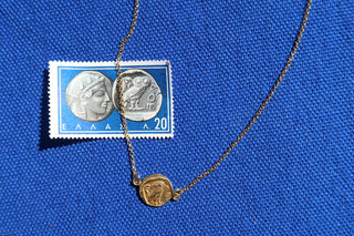 Gold coin necklace made in Greece with the owl of Greek goddess Athena. Ancient Athenian coin necklace