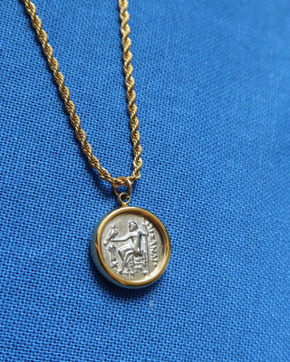 Ancient greek coin necklace with Heracles (Hercules) on one side and Greek God Zeus on the other side from Greek mythology. Gold rope chain with silver ancient coin pendant. Made in Greece, Greek jewelry