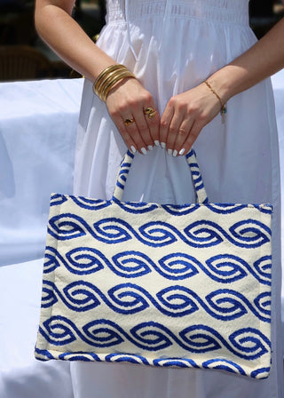 Large tote bag made in Greece with blue and off-white wave design. Shopper tote bag, beach bag, Greek designer bag, eye wave print fashion tote bag