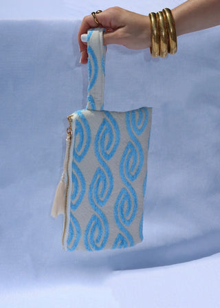 Light blue eye wave print wristlet clutch bag made in Greece. 100% cotton pouch made by Greek designer artisans