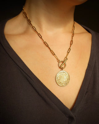 Gold Phaistos Disc Toggle Pendant Necklace made in Greece, Ancient Greek jewelry