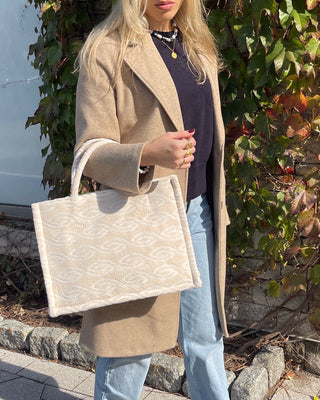 White wave design cotton woven tote bag made in Greece. Greek fashion handbags and accessories. Handmade large shopper tote bag made using looms