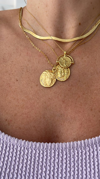 Gold-filled double-sided antiquity coin necklace depicting Zeus holding his eagle , along with two other gold coin necklaces with Greek mythology figures