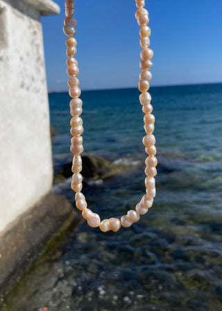 Pink freshwater pearl necklace made in Greece at Aegean Essence by Zenais Greek jewelry brand