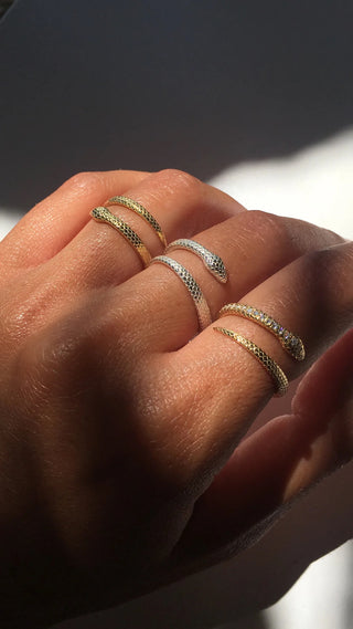 Gold-plated python ring adjustable size, open size ring made in Greece by Zenais Hellas Greek Designer Jewelry brand at Aegean Essence. Snake ring, serpent ring