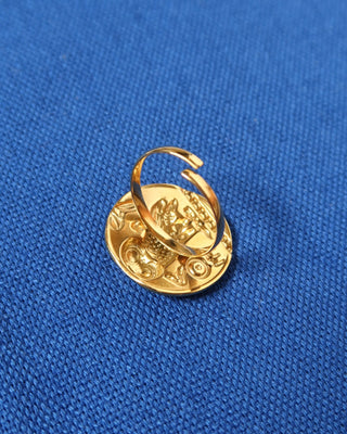 open back of athenian tetradrachm coin ring with owl on the front