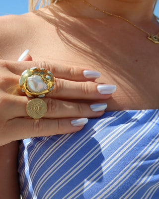 Gold Greek jewelry - gold ancient bee coin ring made in greece and a baroque pearl ring with Larimar accents and gold-plated brass design