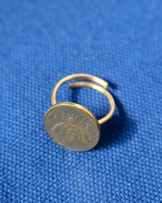 Gold-plated brass bee ring - Ancient Greek bee coin ring made in Greece with open adjustable band