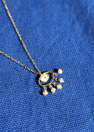 14k gold-plated sterling silver evil eye necklace with freshwater pearls handmade in Greece. Greek jewelry for protection, greek designer semi-fine jewelry