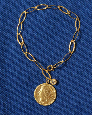 Hygeia Ancient Greek goddess of health coin bracelet, 18k gold plated sterling silver oval link bracelet with white zircon stone and greek mythology coin pendant made in Greece