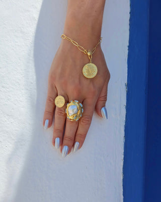 Hygeia Ancient Greek goddess of health coin bracelet, 18k gold plated sterling silver oval link bracelet with white zircon stone and greek mythology coin pendant made in Greece
