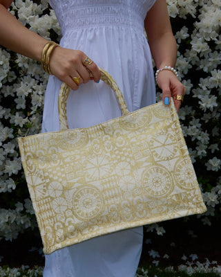 Woven gold metallic cotton large tote bag handmade in Greece. Greek fashion artisan bag with gold motif design featuring evil eyes, Greek key meanders, etc. Large handbag made in Greece