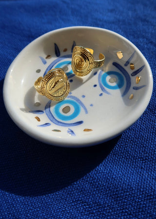 Gold-plated sterling silver 925 adjustable ring made in Greece with a Greek key meander and spiral design. Adjustable spiral ring with open back to fit any ring size. Greek jewelry with symbolic mythology meaning fashion accessories