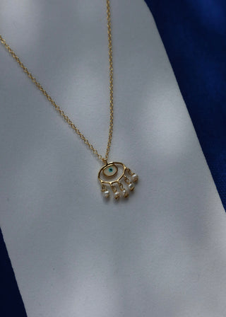 gold-plated sterling silver necklace with a white evil eye and freshwater pearls handmade in greece, Greek jewelry for protection and good luck