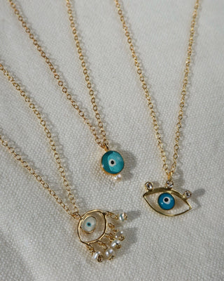 Greek jewelry, evil eye necklaces made in Greece with 14k gold-plated sterling silver 925 and freshwater pearls