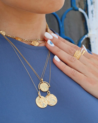 Gold coin necklaces made in Greece. Greek evil eye jewelry by Aegean Essence.