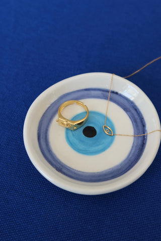 Hand painted handmade ceramic evil eye jewelry dishes, small plates to hold trinkets, jewelry, etc. made in Greece with an eye design