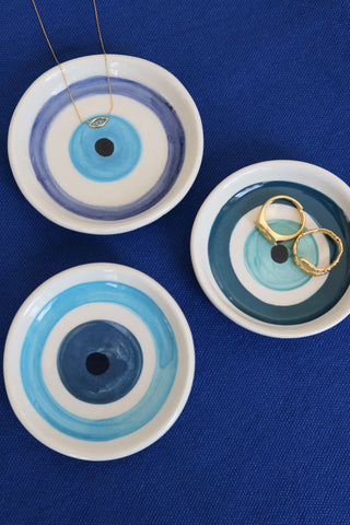 Hand painted handmade ceramic evil eye jewelry dishes, small plates to hold trinkets, jewelry, etc. made in Greece