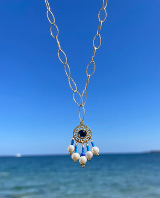 Gold-plated hoop chain necklace with an evil eye pendant and Greek key motif with blue beads and freshwater pearls, made in Greece - Greek jewelry