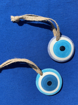 Hanging evil eye wall decor made in Greece. Hand painted blue ceramic evil eye or "mati" for the home to protect your space