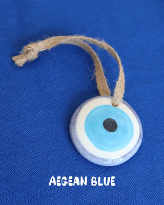 Hanging evil eye wall decor made in Greece. Hand painted blue ceramic evil eye or "mati" for the home to protect your space