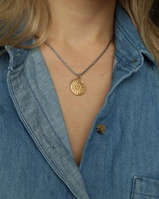 Two-tone necklace with a silver rope chain and a gold round pendant featuring a vergina sun symbol. Reversible Greek necklace, Greek jewelry made in Greece