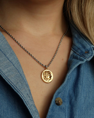 Two-tone necklace with a silver rope chain and a gold pendant featuring Alexander the Great . Reversible Greek necklace, Greek jewelry made in Greece