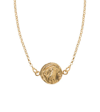 Gold coin necklace made in Greece with the owl of Greek goddess Athena. Ancient Athenian coin necklace