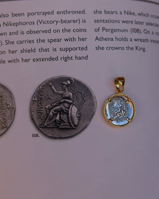 18k gold-plated sterling silver 925 ancient coin pendant (replica) of the Greek goddess Athena holding the goddess Nike of victory - Greek mythology jewelry 