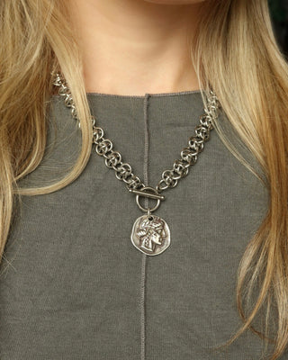 Silver chain necklace with a toggle front and replica coin of Ancient Greek goddess Athena made in Greece, Greek jewelry