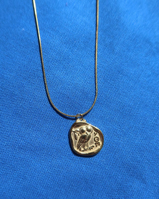 Gold necklace with coin pendant featuring greek goddess Athena's Owl of widsom from tetradrachm ancient Greek coins. Coin necklace made in Greece, Greek jewelry mythology-inspired