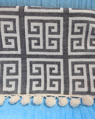 Black and cream/white greek key meander print clutch bag with pom pom trim and wet/dry water-resistant interior for the beach, made in Greece. Aelia Anna wet/dry bag 