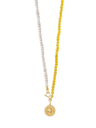 Freshwater pearls and yellow agate gemstone necklace with a gold-plated sun charm made in Greece by Greek jewelry designer brand Barbora.