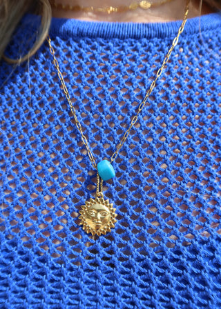 Sun Pendant Necklace with Blue Bead