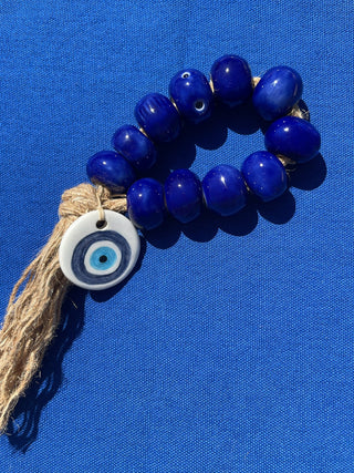 Blue ceramic hand made worry beads, crafted in Greece. Kompoloi home decor Greek worry beads
