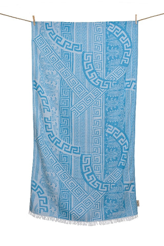 Blue and cream Greek key meander print cotton towel, pestemal towel pareo made in Greece