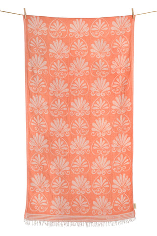 Coral towel with Anthemion pattern hanging on a line, Greek cotton towel/scarf