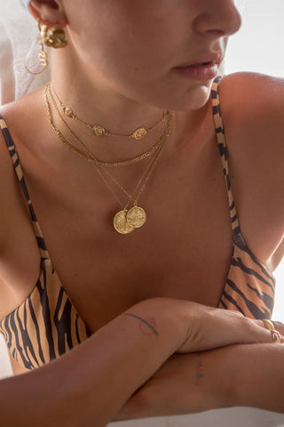 Gold-plated coin necklace with date palm trees and twisted Singapore chain by Zenais at Aegean Essence