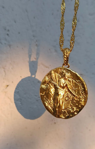 Ancient Greek goddess Demeter coin pendant necklace, Greek mythology jewelry made in Greece gold-plated sterling silver 925 with a twisted Singapore chain