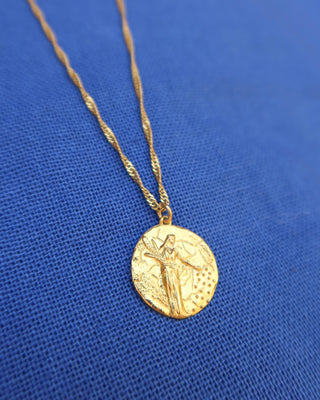 Gold pendant necklace with Greek Goddess Demeter holding grains stalks on a twisted Singapore chain made in Greece, Greek mythology jewelry