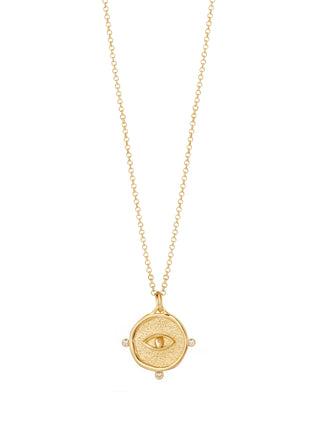 Gold-plated sterling silver 925 evil eye pendant necklace with white zircon stones made in Greece by Greek jewelry brand Barbora at Aegean Essence. Protection jewelry to ward off the evil eye 