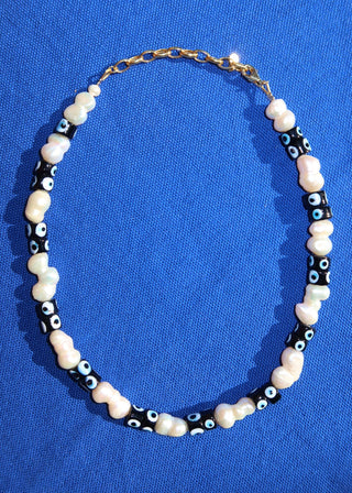 Freshwater pearl and evil eye necklace handmade in Greece. Greek protection jewelry. Trendy Greek jewelry, evil eye jewelry, unique jewelry, Greek gifts, one-of-a-kind necklace 