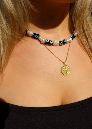 Freshwater pearl and evil eye necklace handmade in Greece. Greek protection jewelry. Trendy Greek jewelry, evil eye jewelry, unique jewelry, Greek gifts, one-of-a-kind necklace layered with gold-plated Saint Benedict CSPB cross medal pendant necklace 