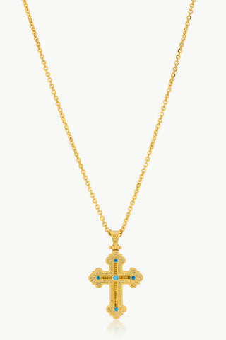 Gold-plated cross pendant necklace with blue zircon stones made in Greece, vintage-inspired cross necklace, 18k gold-plated sterling silver 925 sustainable jewelry brand, Greek jewelry, Greek orthodox jewelry, handmade jewelry 